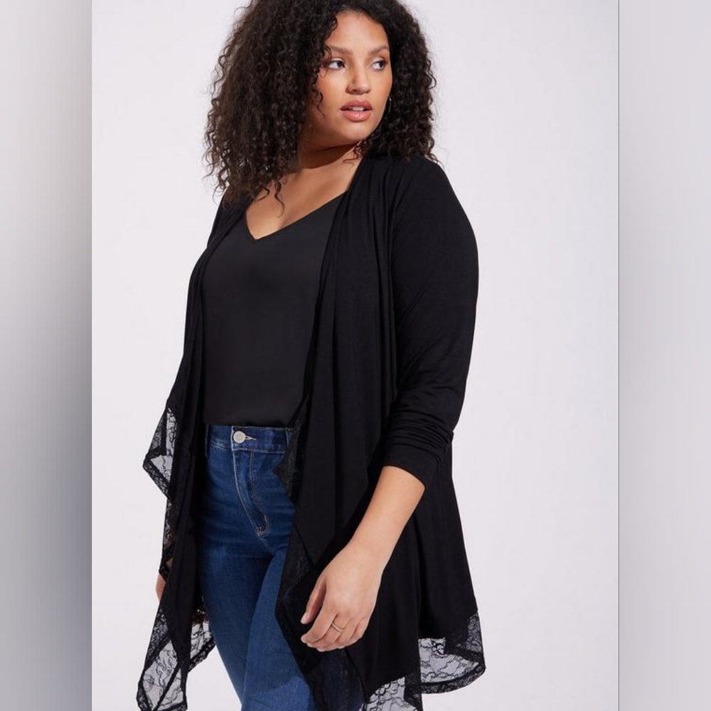 Torrid Super Soft Black Cardigan with Lace Trim Drape Front 5X NWT